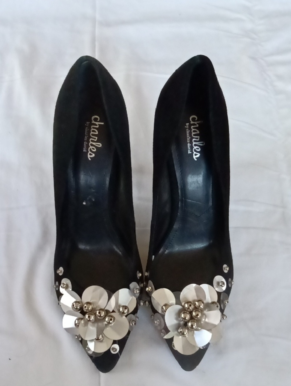 Charles by Charles David Black Pointed Toe Pumps with Silver Floral Accents